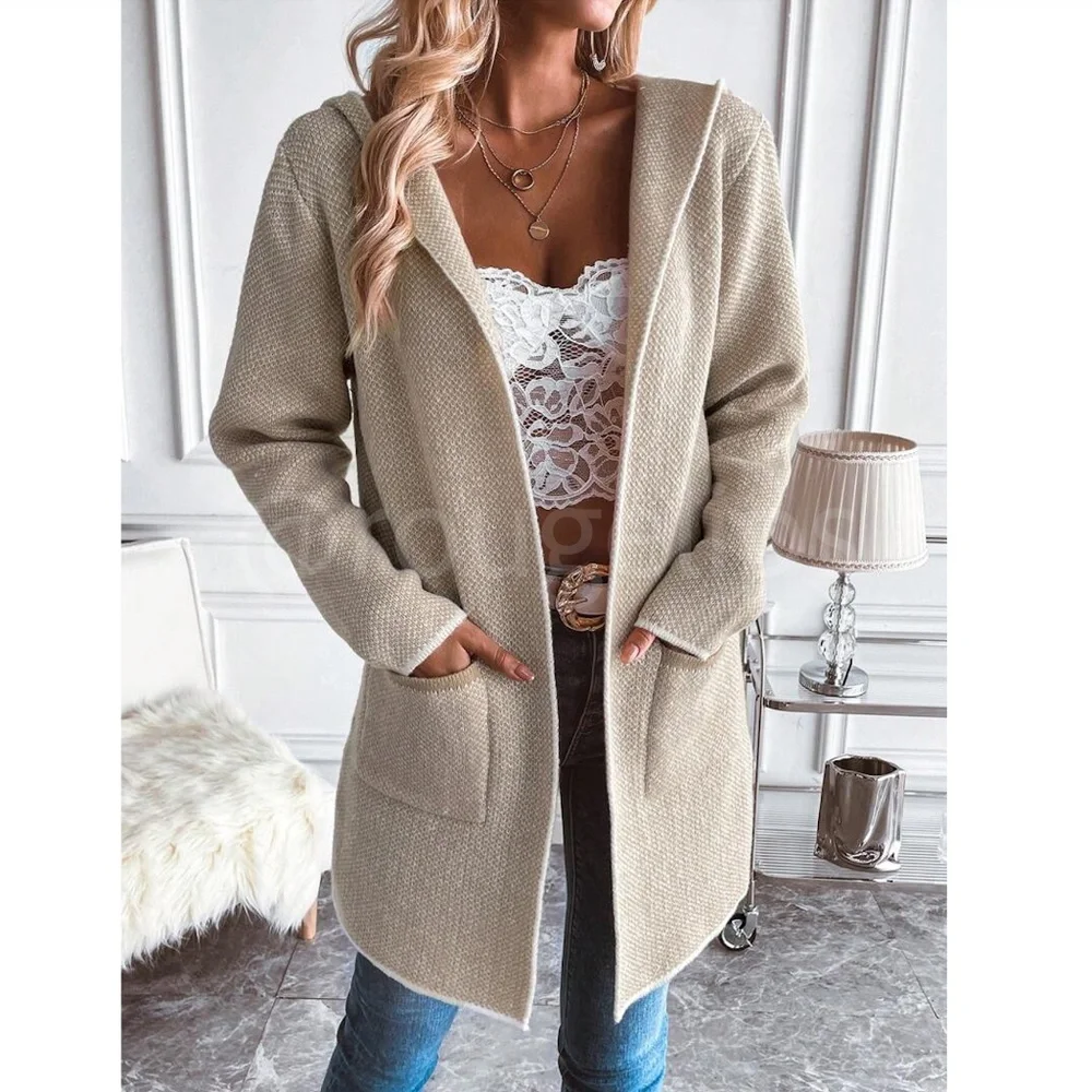 Hooded Knit Beige /Tan Open Cardigan Long Sleeves Hip Length w/ Pockets - Picture 4 of 8